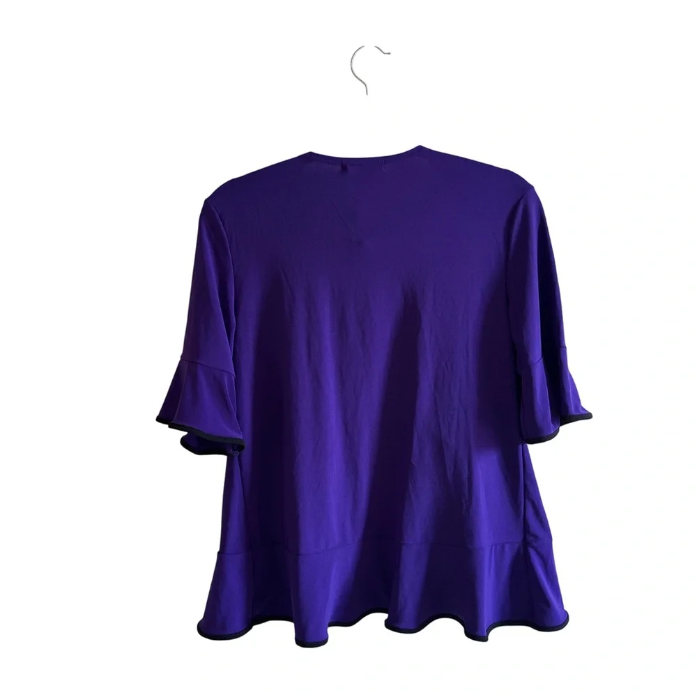 Purple Open Front Ruffle Cardigan Sz S Short Sleeve Black Trim Office Casual